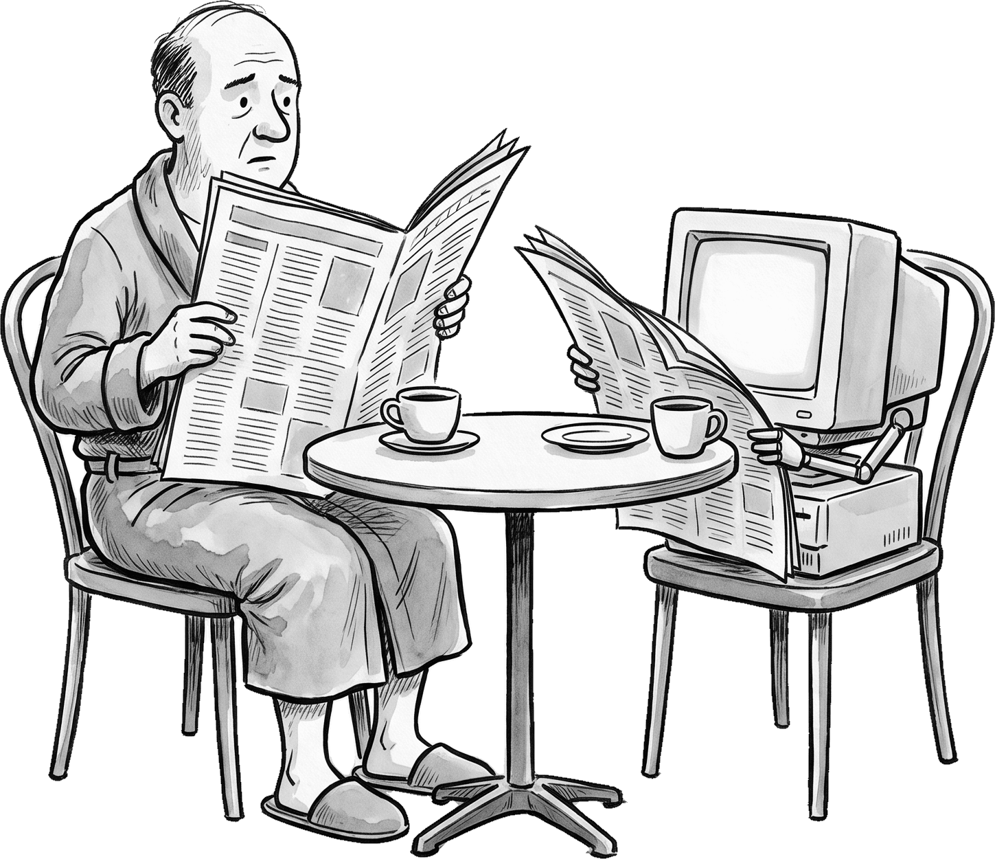 An executive in a dressing gown reads a broadsheet at a cafe table; across from him a small desktop computer reads its own newspaper.