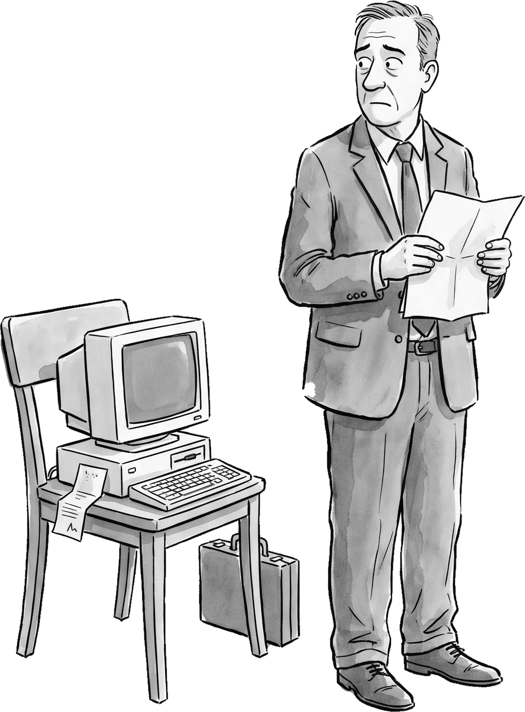 A nervous job candidate holds his CV beside a waiting-room chair where a small desktop computer sits with its own CV and briefcase.