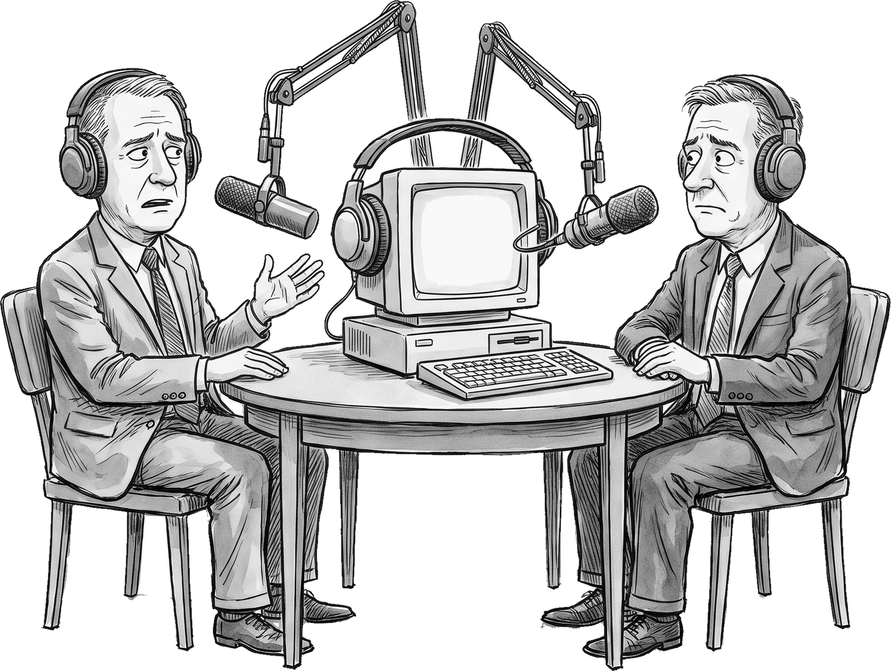 Two executives in studio headphones sit at broadcast microphones; between them a small desktop computer wears headphones at its own microphone.
