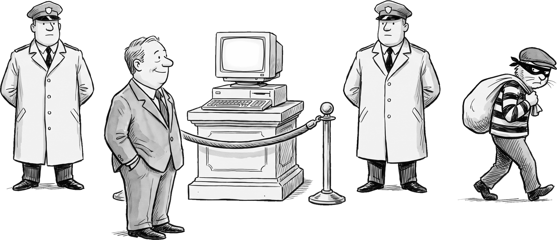 A small desktop computer on a plinth behind a velvet rope, two calm guards either side, a contented owner with his hands in his pockets, and a defeated burglar walking away with an empty bag.