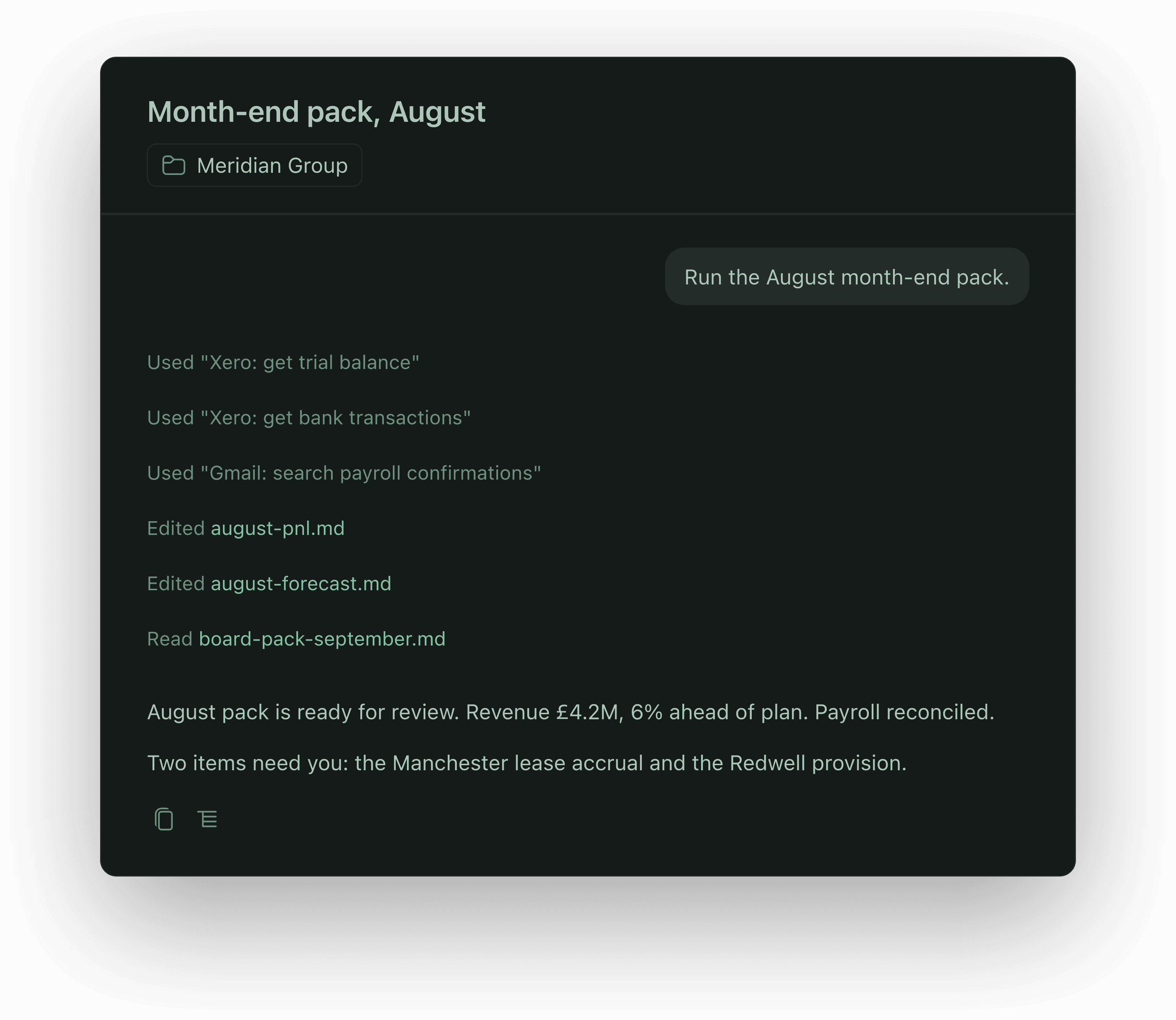A working session in Imperium OS: tools run, files change
