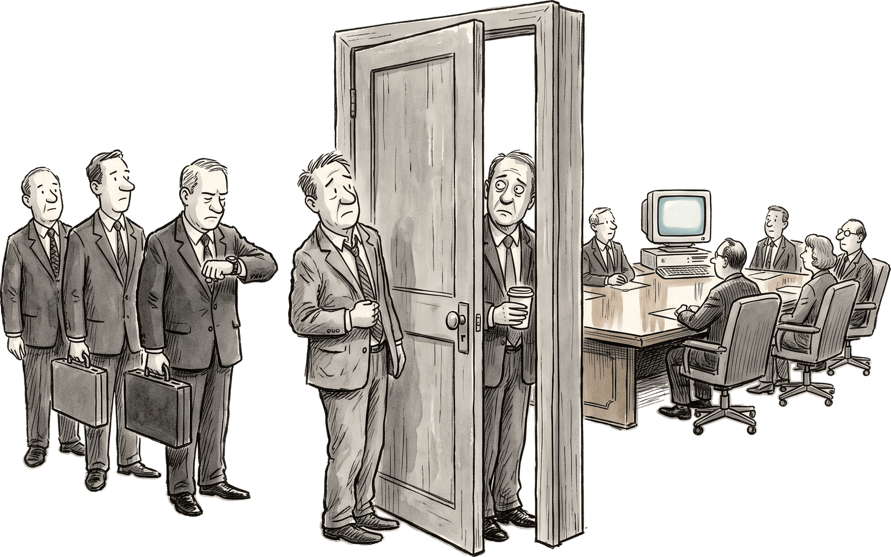 A queue of executives outside a boardroom door; one squeezes in with a coffee while, inside, a small desktop computer addresses the table.