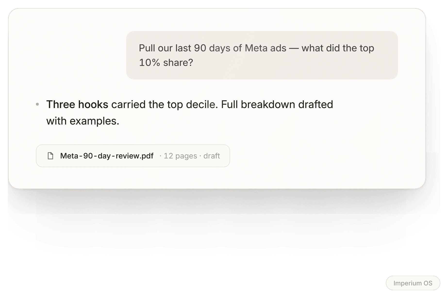 A chat in Imperium OS pulling 90 days of ad performance and returning the top hooks as a drafted report.