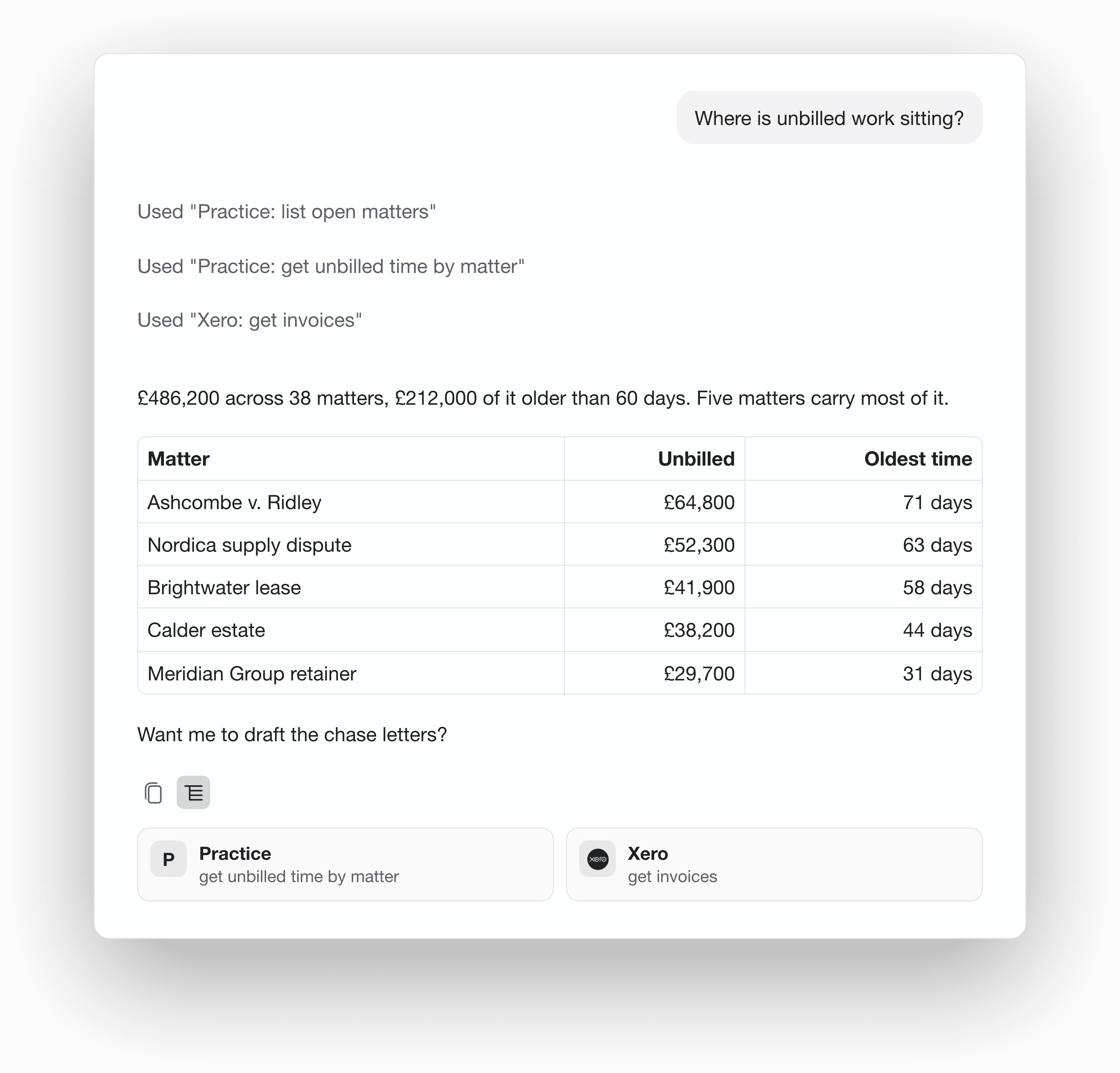 Unbilled matters and drafted follow-ups in Halewood OS