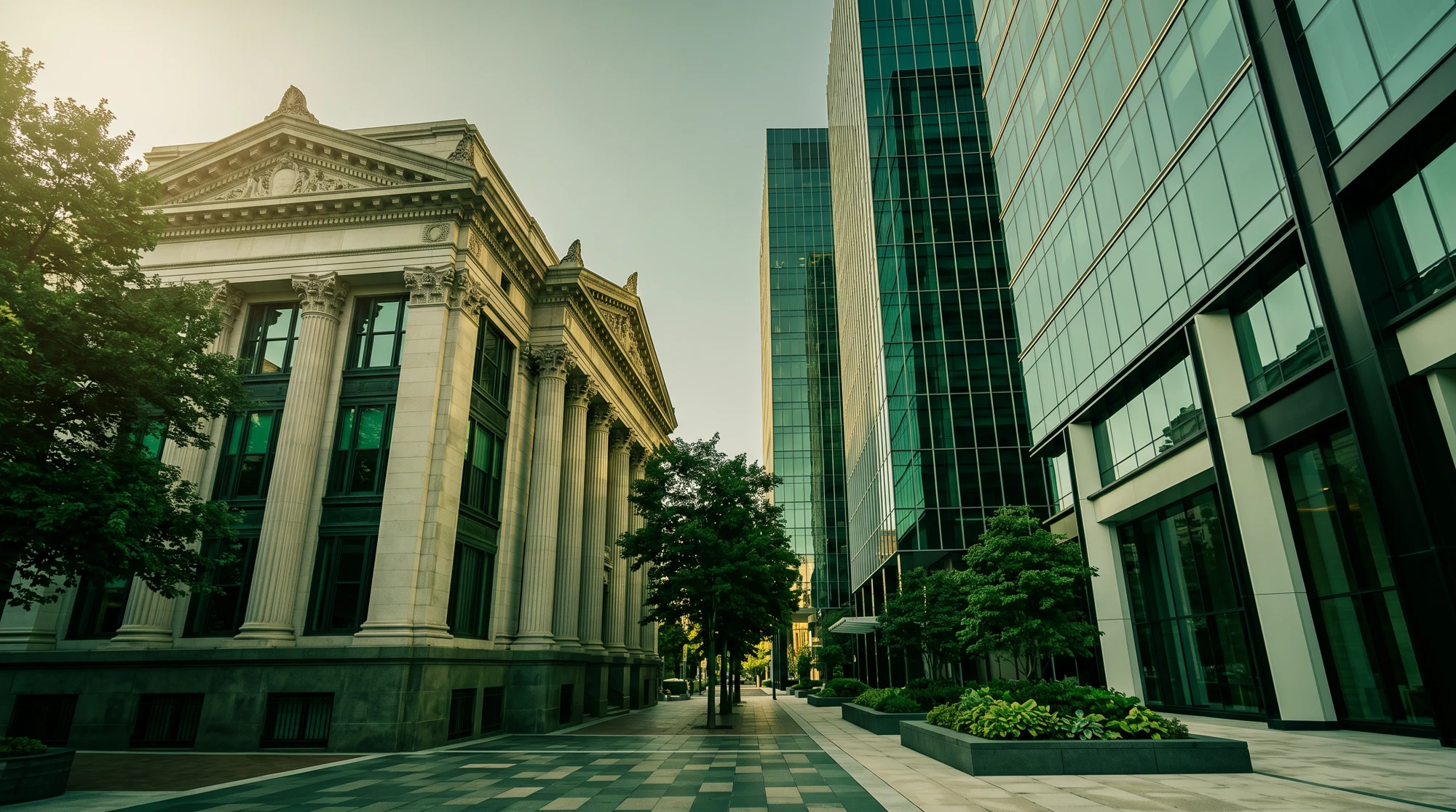 A grand classical facade beside modern glass towers under warm morning light, in deep racing green tones
