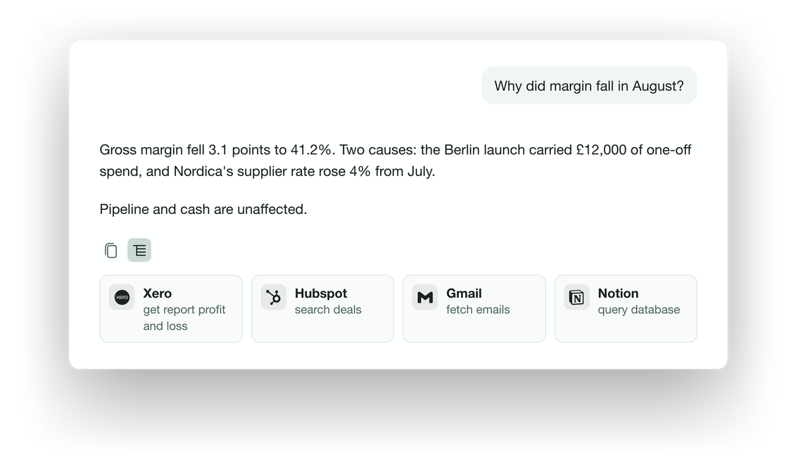 A question answered from company data in ARX, with the sources it read listed beside the answer.